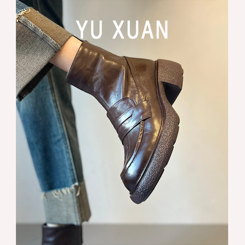 羊皮版~圆头厚底短靴女小个子增高休闲时尚短靴真皮通勤马丁靴子