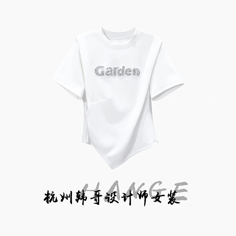 【韩哥女装】2025欧版简约白色字母烫钻小众不规则拼接短袖3306-C7