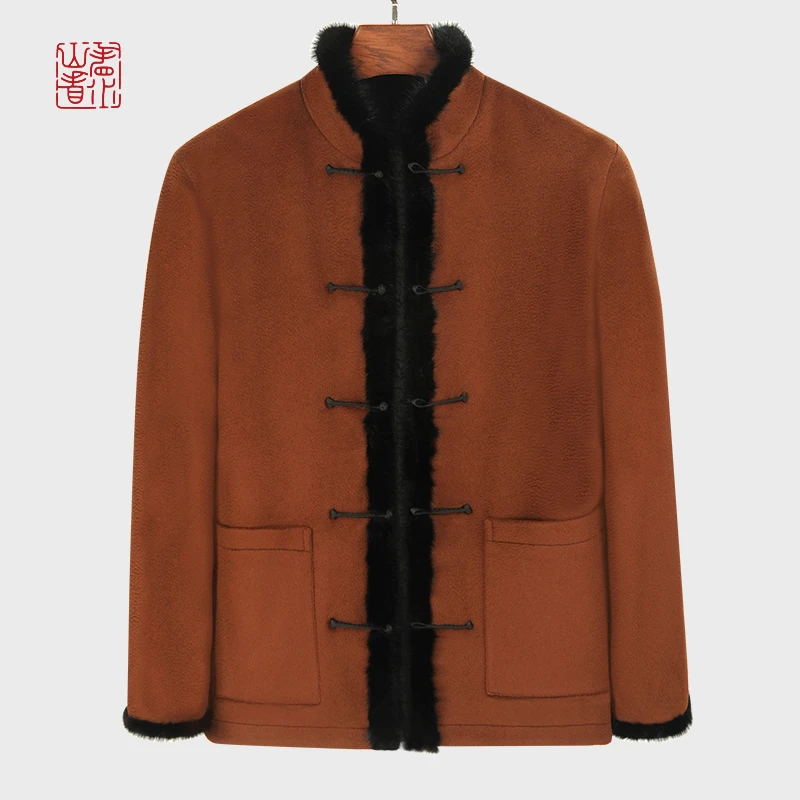 88115双面唐装外套 桑蚕丝水波纹羊毛呢龟纹香云纱男士夹克秋冬