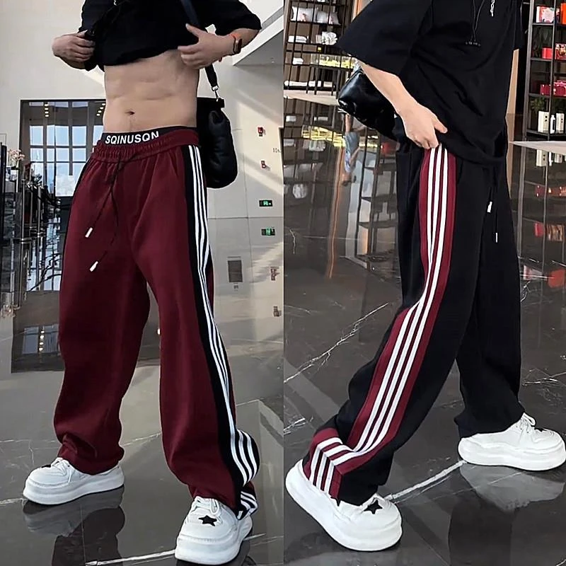 HKYC秋季新款美式潮牌侧边条纹直筒裤男士百搭运动宽松阔腿休闲裤