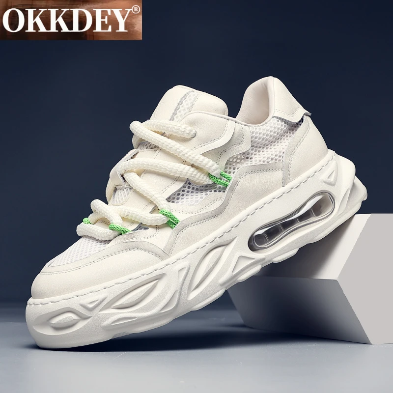 okkdey增高情侣老爹鞋秋季头层牛皮百搭休闲运动鞋士时尚透气男鞋