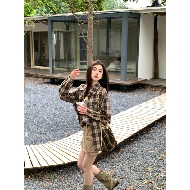 【赵小小&济州岛的风】7888 慵懒风复古开衫格子上衣中长款宽松衬衫