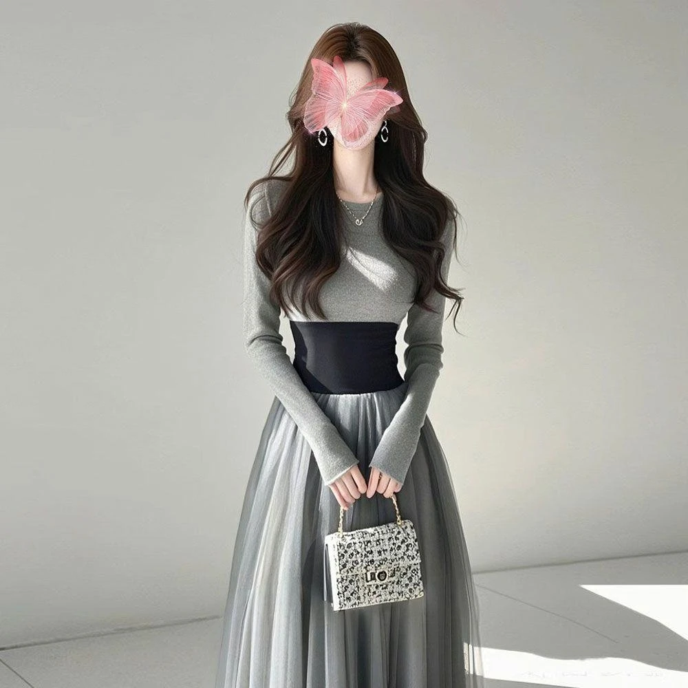 法式富家千金高级感穿气质名媛小香风灰黑撞色连衣裙2025年春季