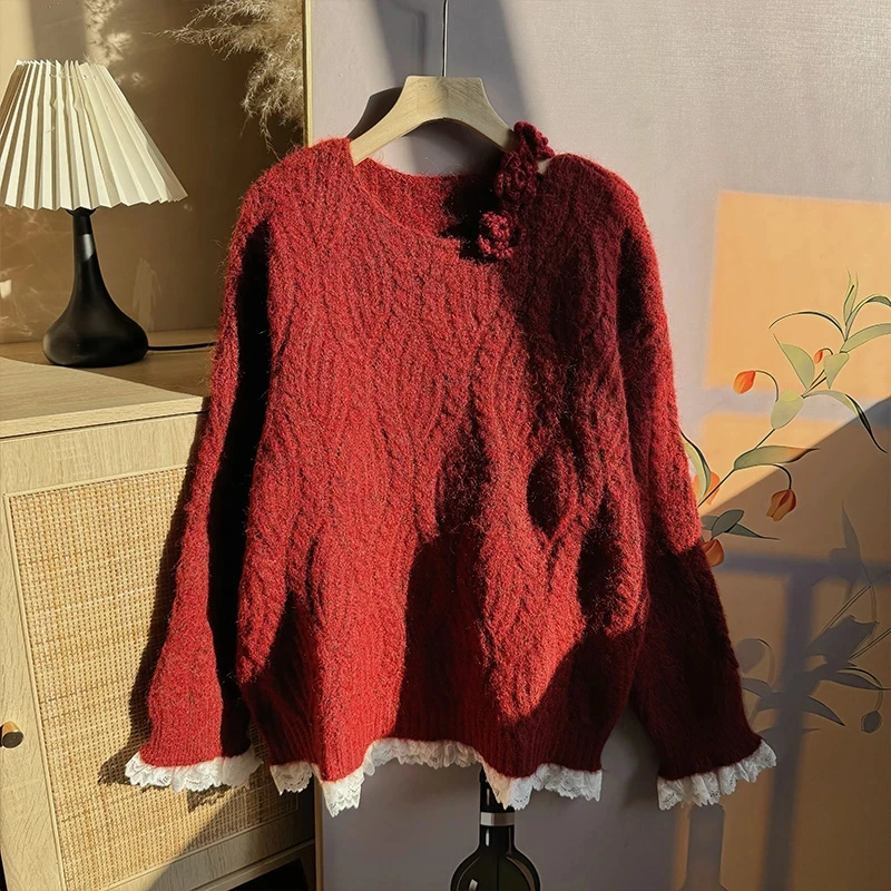红色毛衣2025新年战袍本命年穿搭氛围感慵懒风蕾丝拼接上衣女秋冬