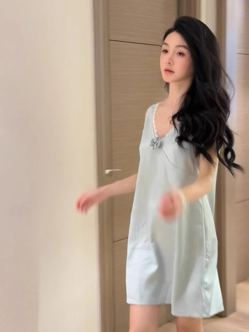 【DMXJ大梦想家】女士立体玫瑰花边睡裙女夏季缎面冰丝家居服连衣裙
