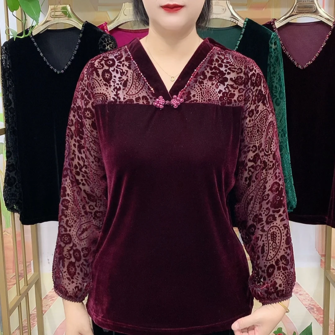 秋季经典时尚阔太太丝绒烧花宽松遮肉洋气妈妈打底上衣