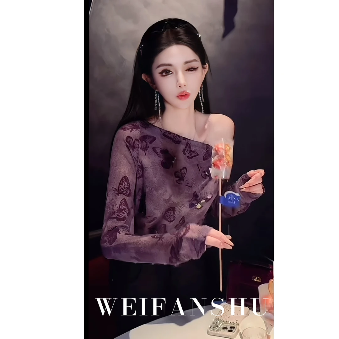 WEIFANSHU/魏凡舒【'紫'定有米】早春新款纯欲百搭蝴蝶印花斜肩上衣