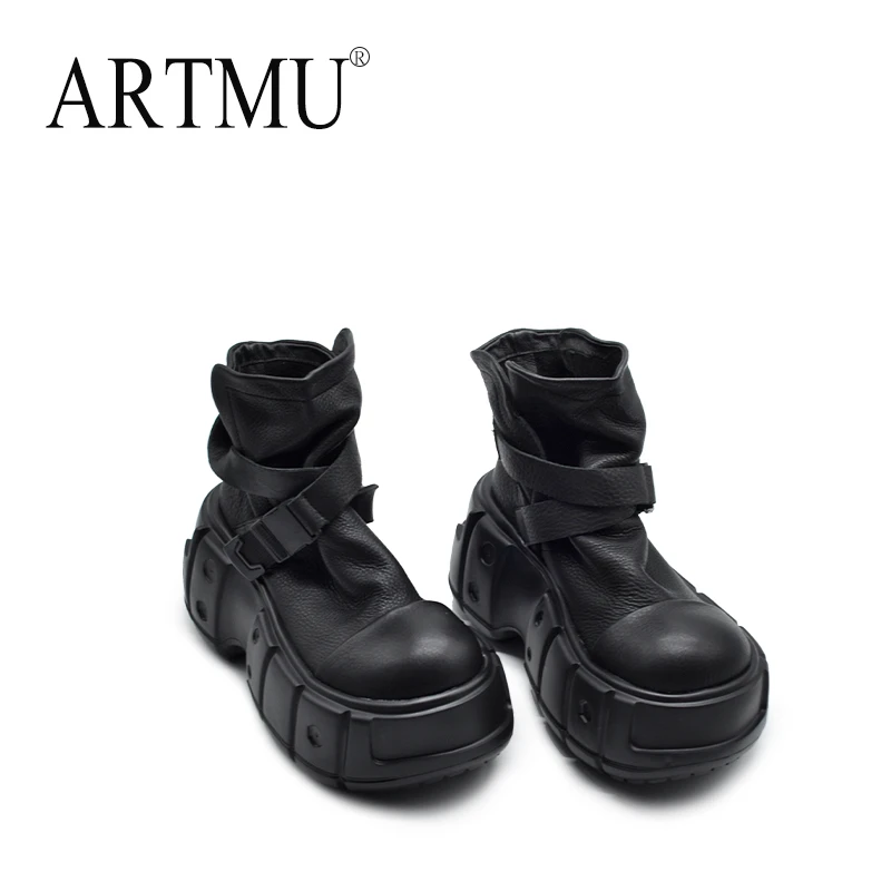 Artmu阿木原创复古厚底松糕鞋坡跟短靴皮带扣真皮踝靴新款0108-9