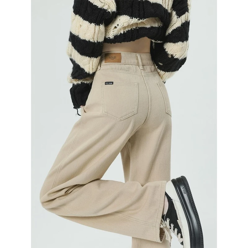 卡其色加绒牛仔裤女春秋小个子高腰宽松休闲显瘦加厚直筒阔腿长裤
