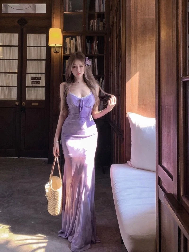 法式辣妹蕾丝边拼接网纱吊带裙女夏季新款连衣裙修身显瘦鱼尾长裙