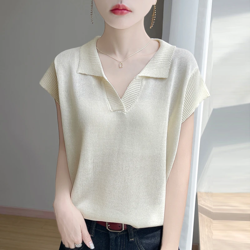 夏季新款冰丝亚麻半开POLI翻领小飞侠针织短袖洋气百搭时尚宽松