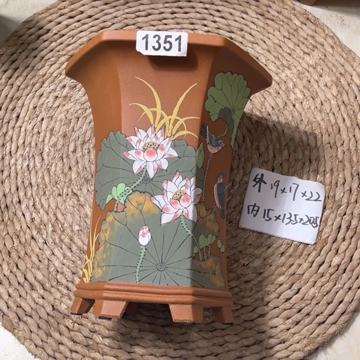 紫砂花盆 超精品降坡彩绘荷塘清趣六方1351