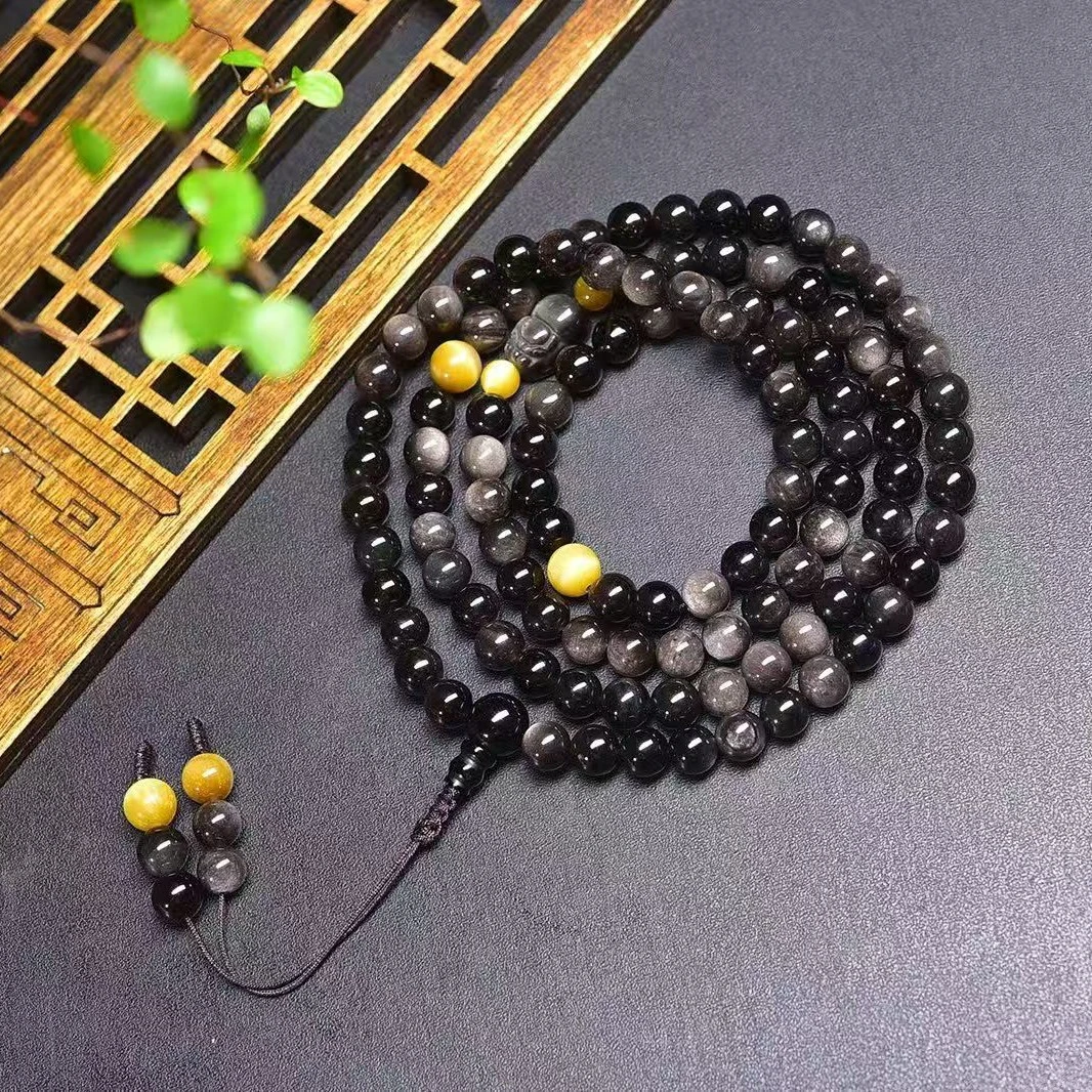 天然银曜石多圈佛珠108颗搭配金虎眼石男女通用款可作毛衣链时尚