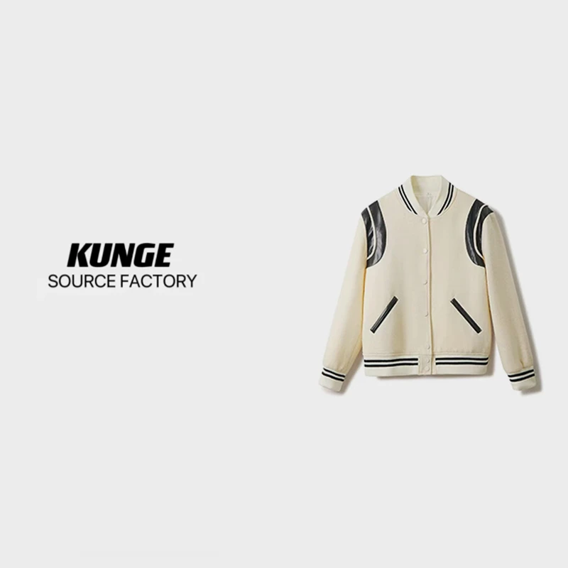 KUNGE-3053时尚经典女士黑白撞色拼皮棒球服双色夹克潮流外套