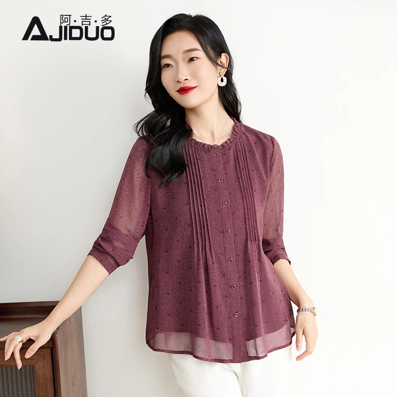 阿吉多红色长袖雪纺衫女秋季新高端中老年妈妈洋气小衫时尚上衣
