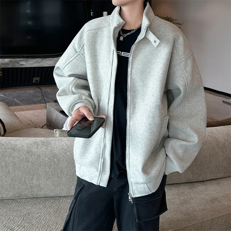 Ree Seven复古毛呢感宽松夹克立领暗扣防风保暖拉链外套 男女同款