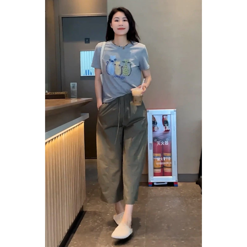 2025夏季新款时尚卡通印花短袖上衣高腰阔腿裤休闲宽松百搭两件套