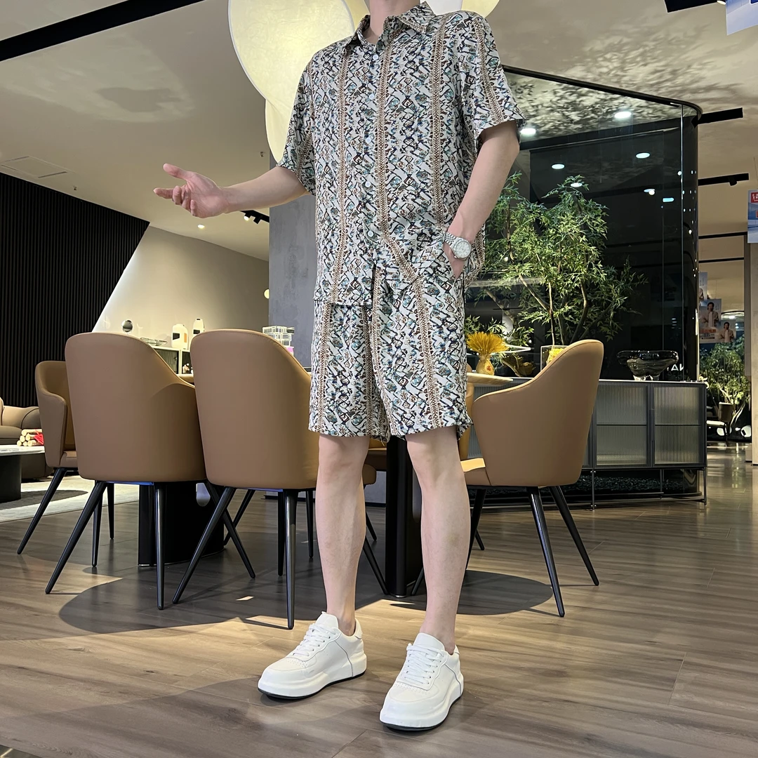 夏季新款冰丝套装民族风男士套装衬衫短袖短裤休闲潮流时尚套装男