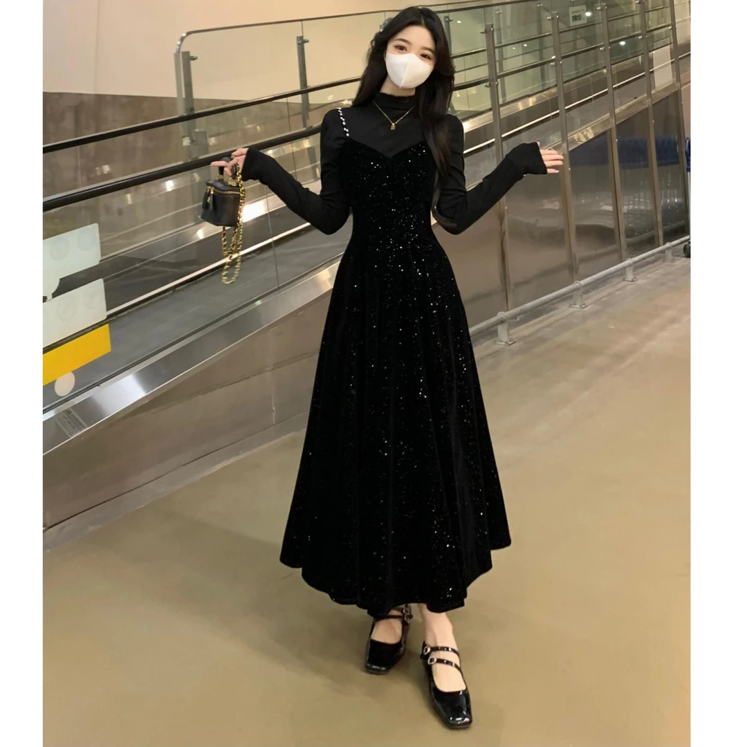 气质名媛吊带裙搭配一整套女大码微胖MM法式复古细闪黑色连衣裙