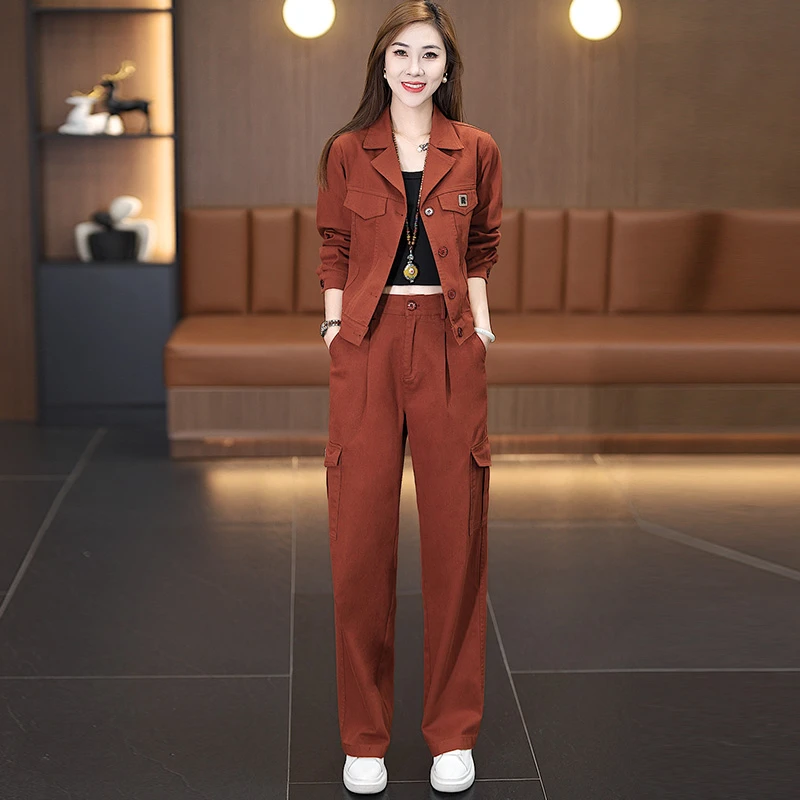 拉夏贝尔时尚工装套装秋2025新款时尚爆款减龄短外套直筒裤两件套