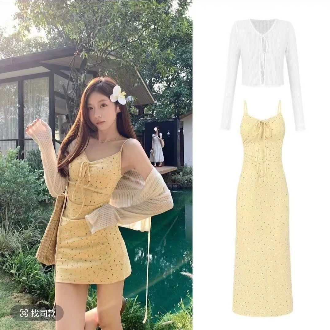 夏季新款韩版奶黄色碎花吊带连衣裙女甜美风收腰a字裙+开衫