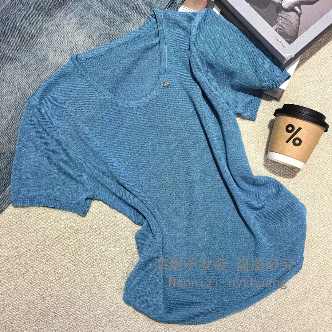 南妮子女装上衣女夏季简约休闲百搭短袖透气针织衫女装DZG2027