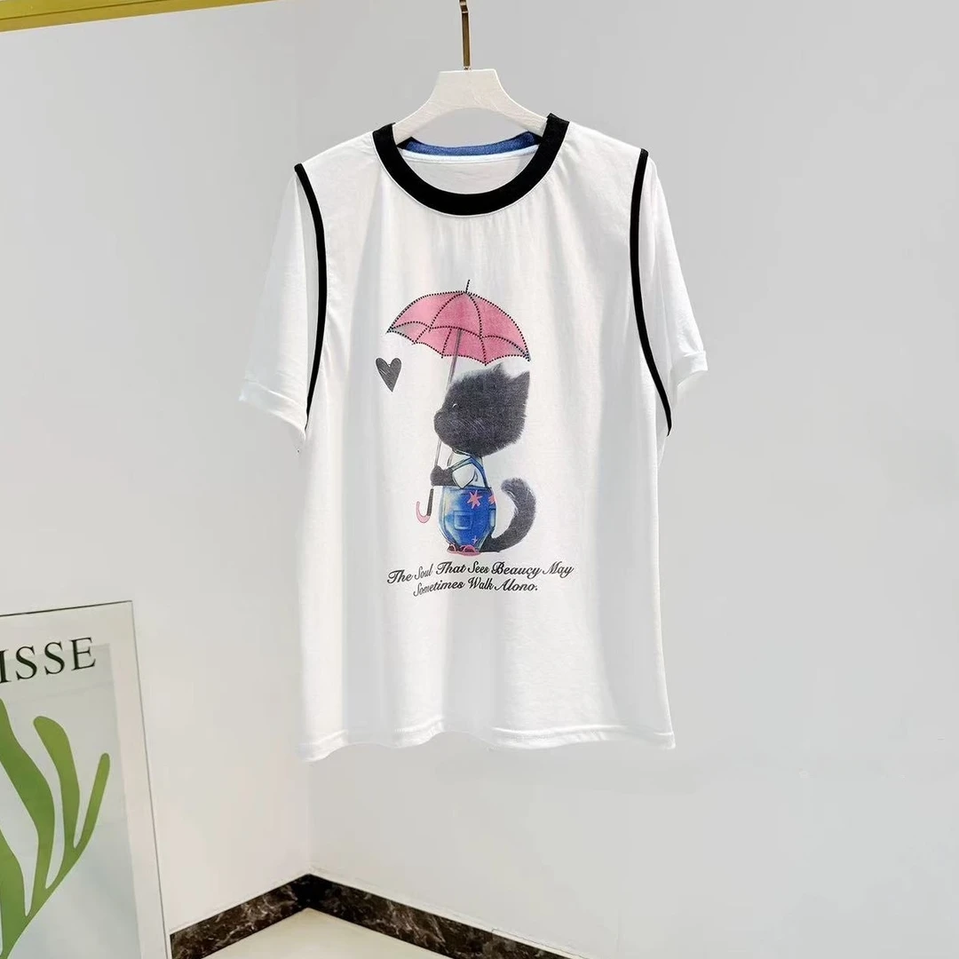 Manmi 撞色拼接小猫印花刺绣短袖T 6306（C2）