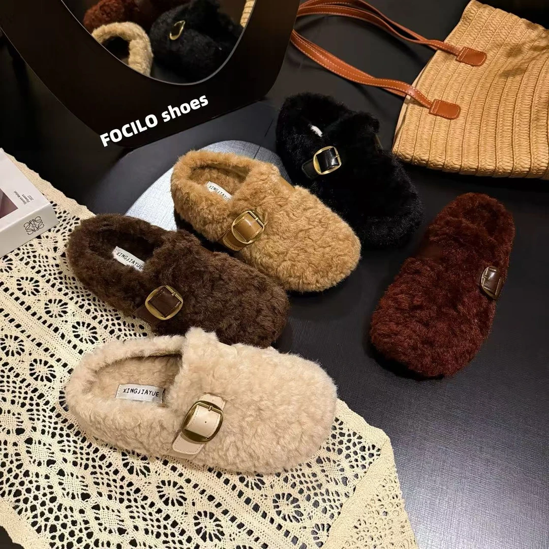 厚底包头勃肯毛毛拖鞋女外穿2025秋季新款一脚蹬加绒羊羔毛棉拖鞋