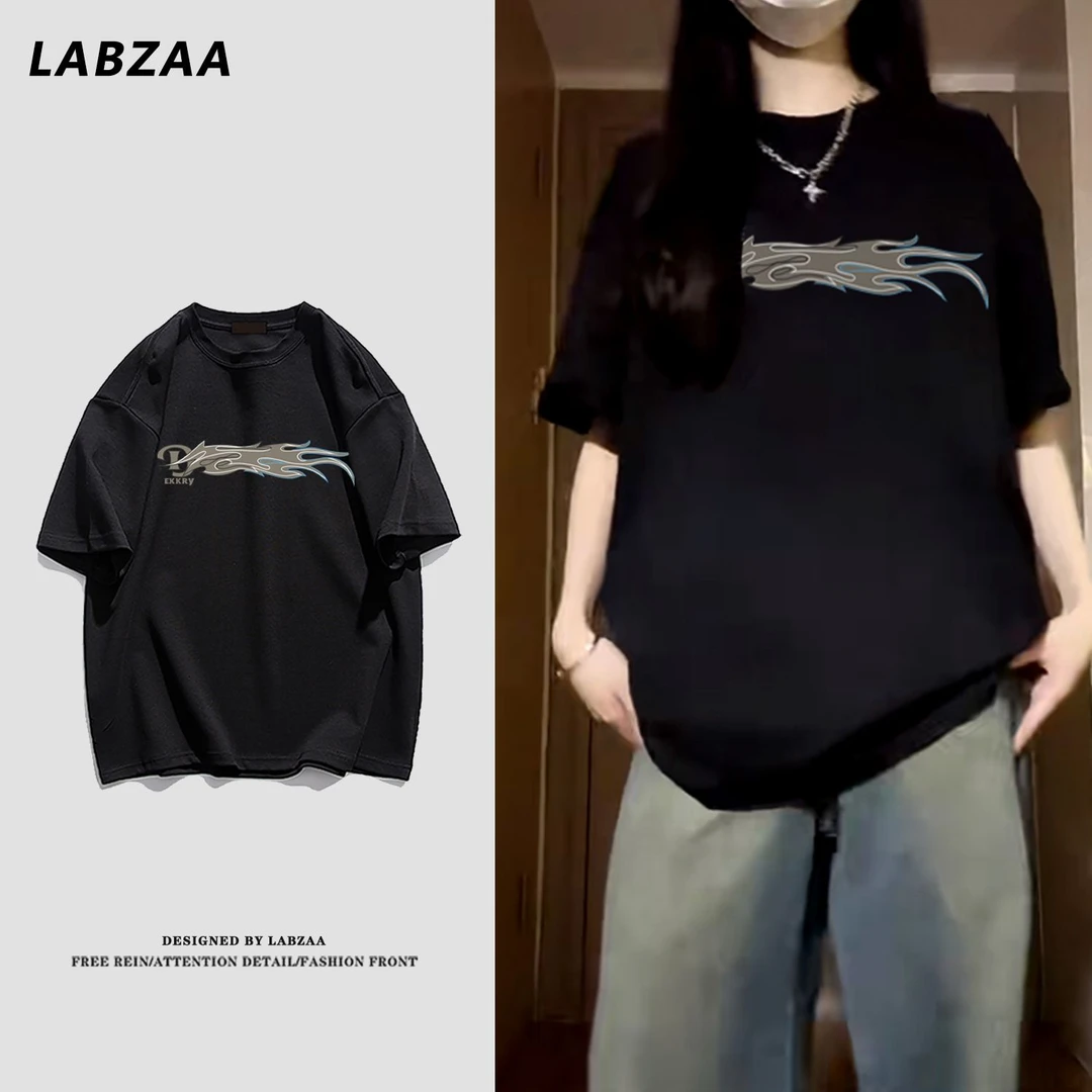 labzaa美式创意设计感字母印花短袖T恤男女夏季宽松情侣纯棉上衣