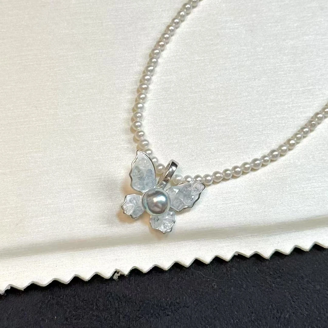 天然海水珍珠银蓝色真多麻海盐蝴蝶吊坠万能扣 不走基地 AB107