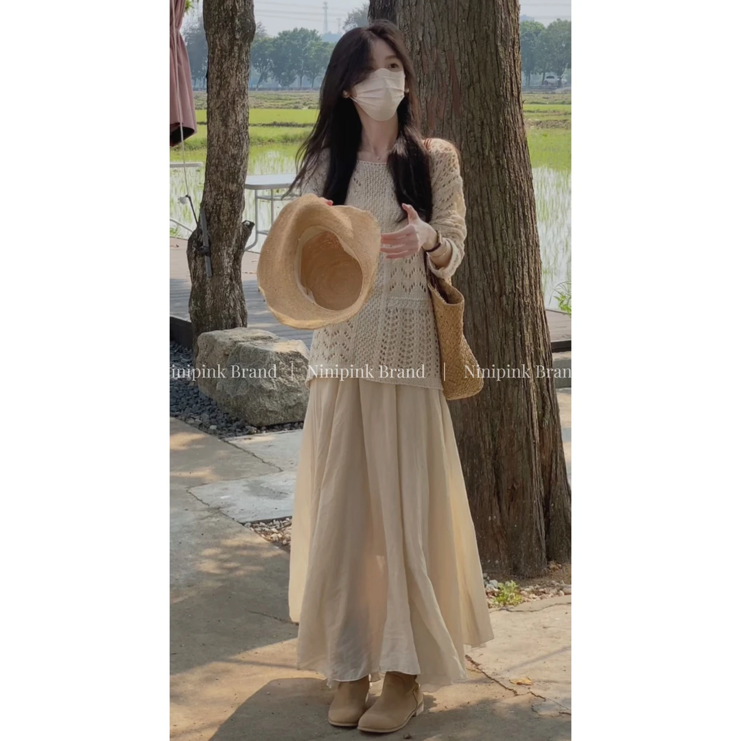 6616庄不腻春夏新款【春风】氛围感不规则半身裙高腰杏色显瘦中长裙