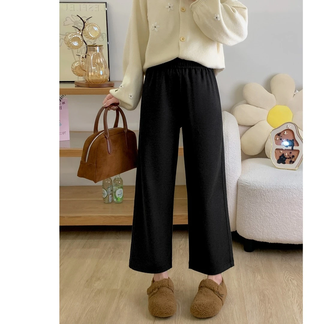 冬季款大码黑色加厚毛呢直筒阔腿裤女宽松高腰显瘦遮胯百搭九分裤