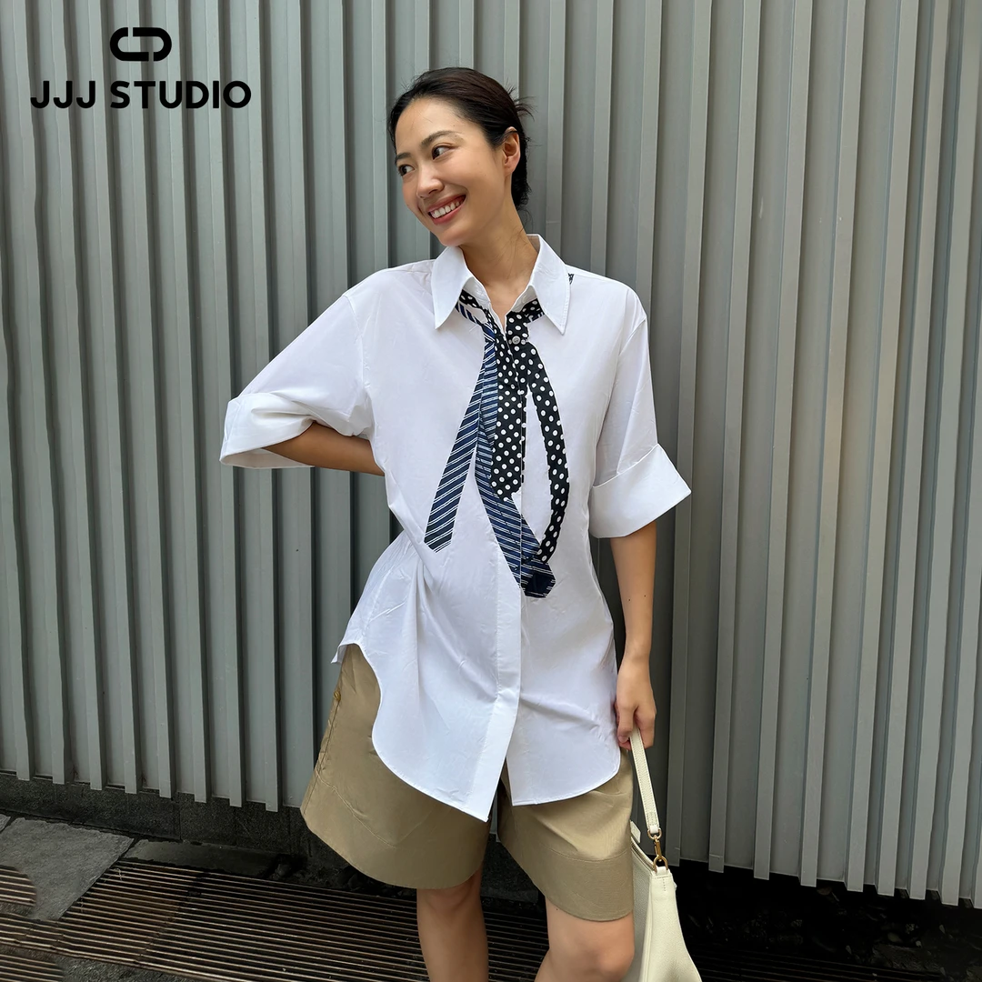 JJJ STUDIO 白色趣味领带印花衬衫显瘦百搭25夏季新款 JLWWR3C232