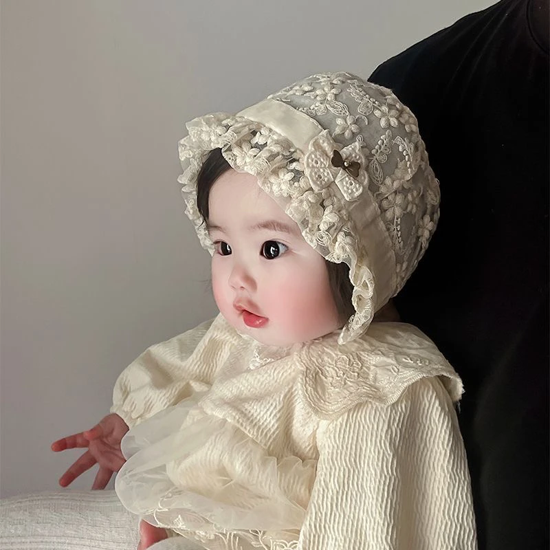 婴儿帽子春夏蕾丝薄款儿童帽宝宝洋气防晒帽公主帽韩版系带护耳帽