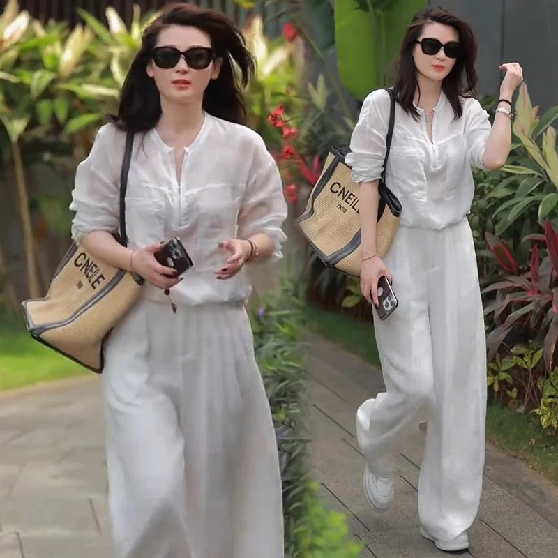 时尚套装女2025春季新款洋气宽松显瘦衬衫垂感阔腿裤休闲两件套潮