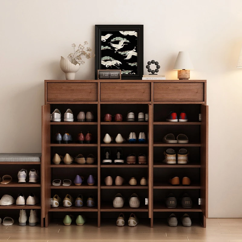 中式中古风实木鞋柜家用门口收纳柜一体靠墙2005新款入户鞋柜实木