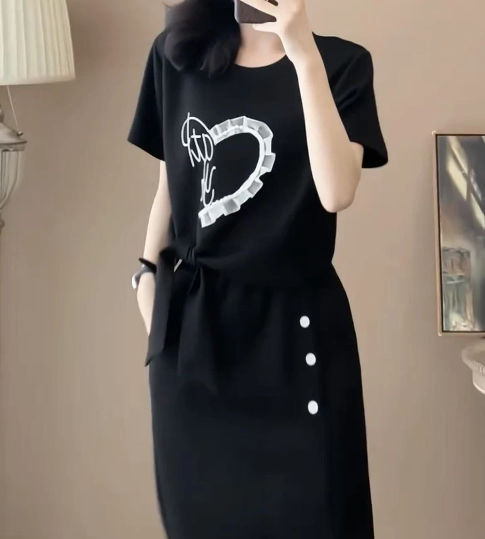 时尚休闲运动服套装女2025夏季新款洋气时髦短袖开叉半身裙两件套