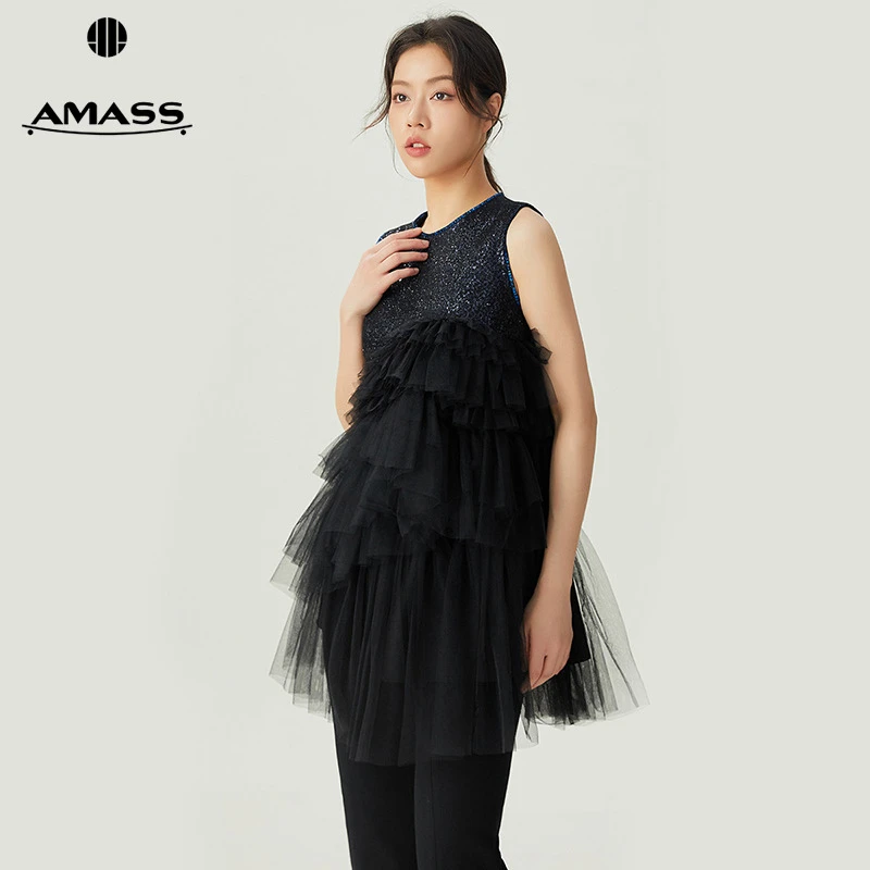 阿玛施AMASS新款女装百搭气质质感网纱拼接轻礼服无袖上衣5300964