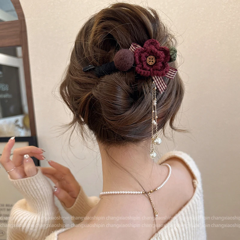 气质毛绒玫瑰扭扭夹一字夹发夹发量少盘发后脑勺发卡头饰古风发饰