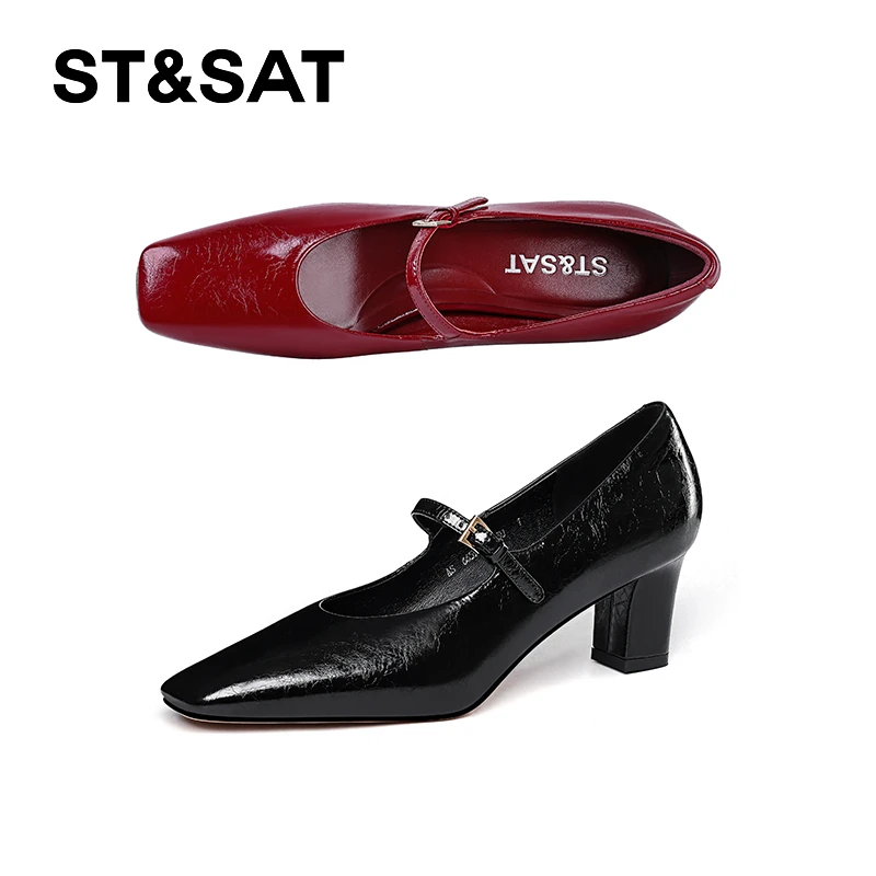 St&Sat/星期六粗跟单鞋方头春季真皮玛丽珍单鞋中跟时尚复古