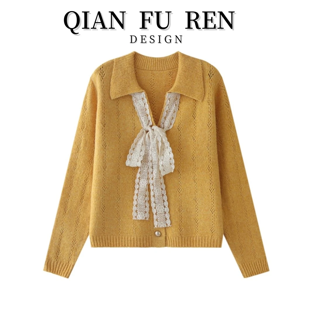 设计感气质系带蝴蝶结V领羊毛混纺毛衣开衫洋气减龄秋季针织衫女