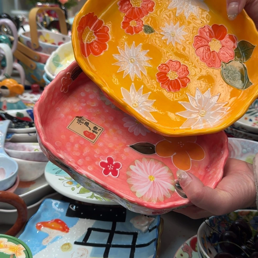 瓷片濑户烧异形沙拉盘2只，樱花➕国色