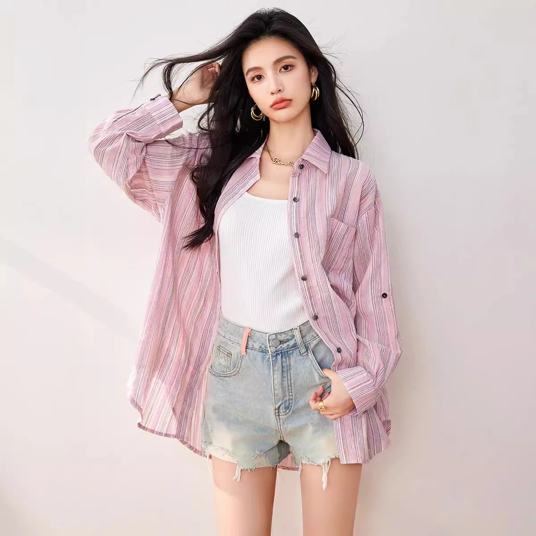 慵懒风彩色条纹衬衫女长袖2024秋季新款仿麻宽松衬衫开衫防嗮衣