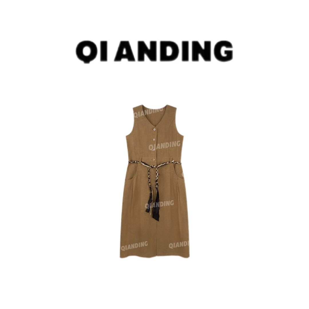 【QIANDING】【100亚麻】简约V领单排扣连衣裙251056