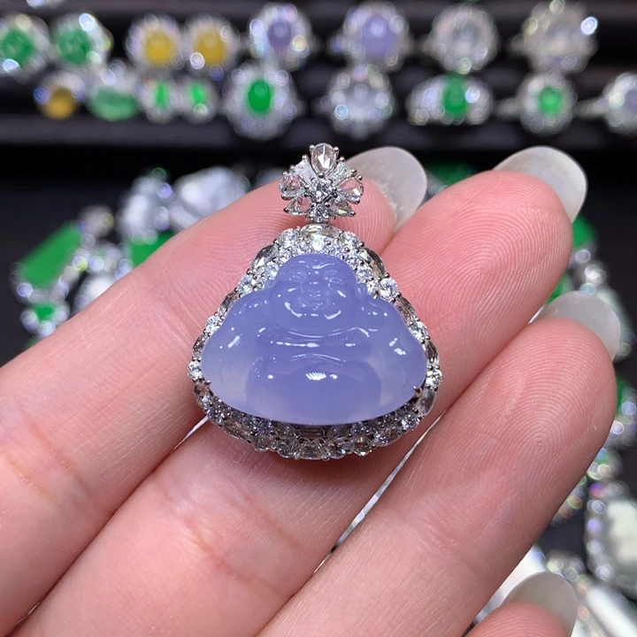 翡翠18K金镶嵌颈饰冰紫佛公