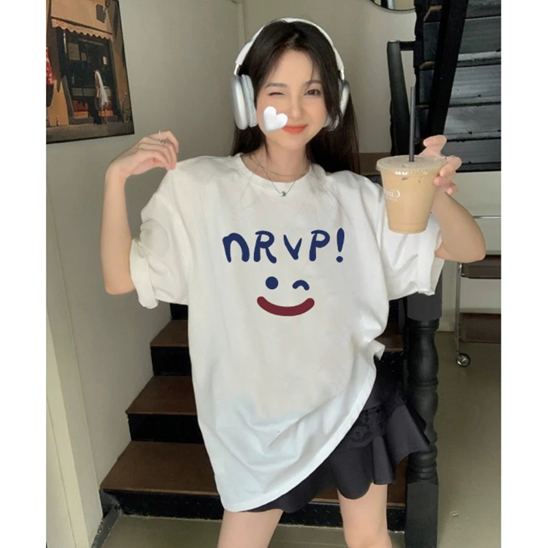 佐朗格奴纯棉220克慵懒风白色短袖上衣女小众ins印花百搭打底T恤