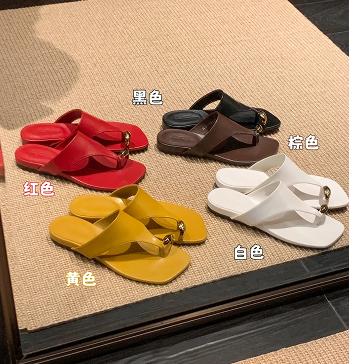 韩版ins风修面皮金属套趾方头百搭平底人字露趾凉拖鞋3699-1