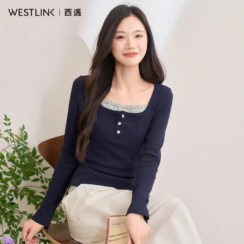 韩系休闲假两件拼色方领T恤女2025春季修身打底衫上衣