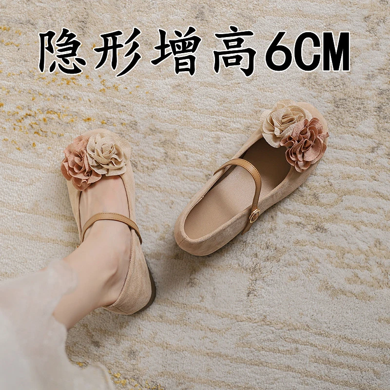 法式山茶花朵玛丽珍鞋女温柔风气质配裙子晚晚鞋小个子内增高单鞋