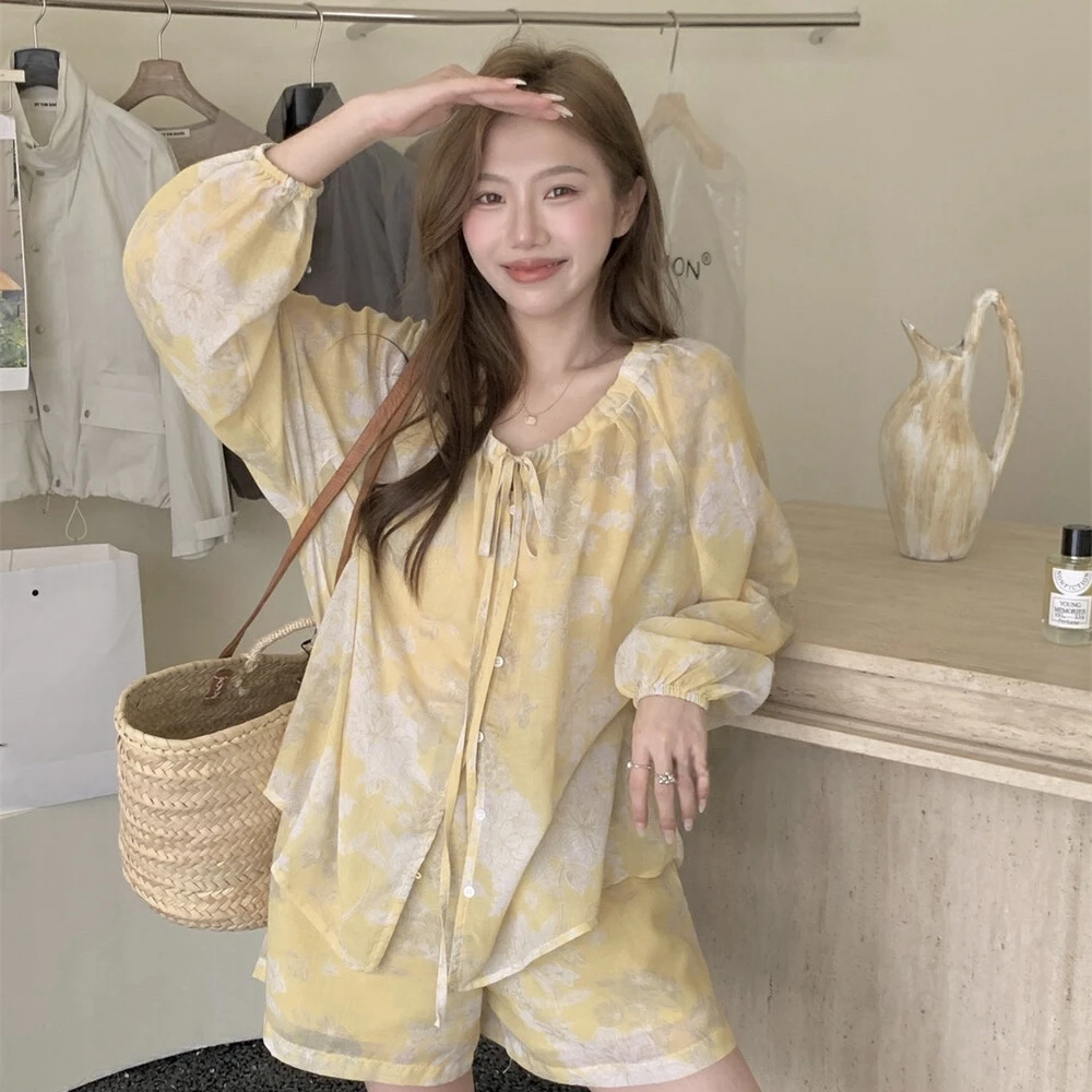 Cute Club 甜美度假风系带薄款防晒小衫女夏季宽松休闲短裤两件套